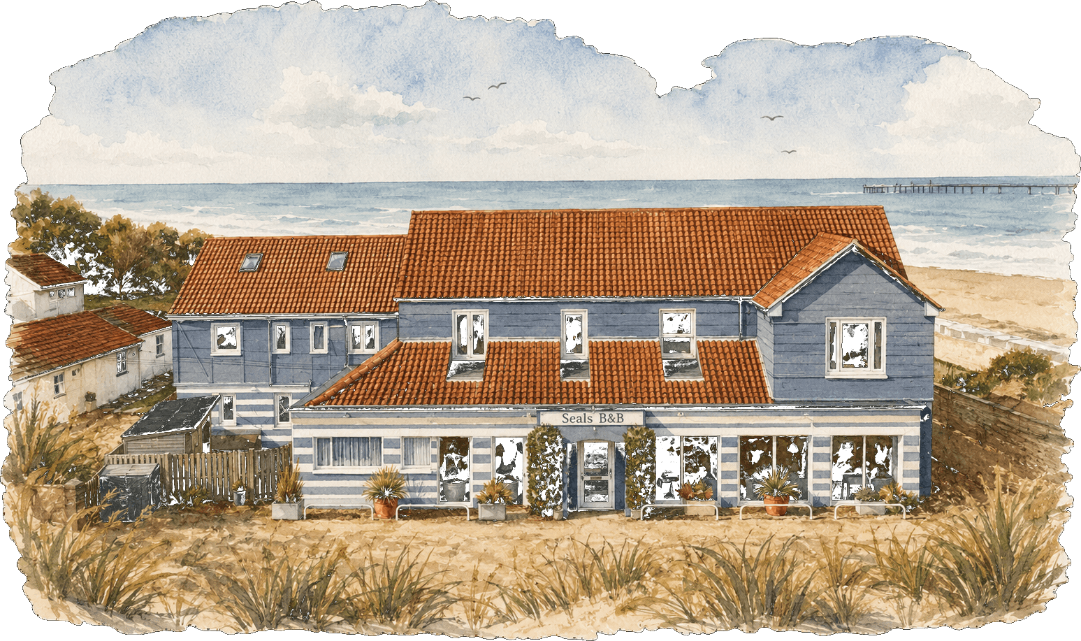 Watercolor illustration of Seals Bacton on the Norfolk beach